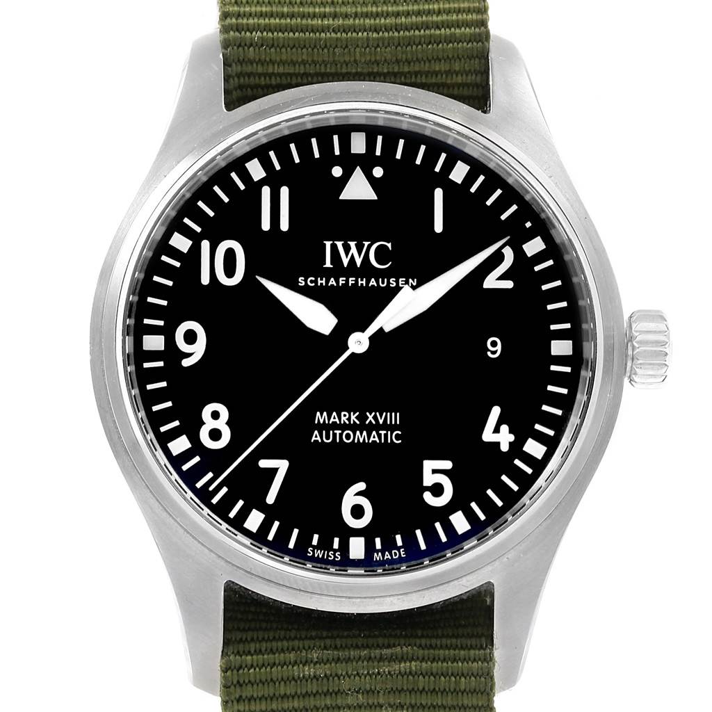 The image shows a front-facing view of the IWC Pilot IW327011 Men's Stainless Steel Black Dial IW327011 Men's Stainless Steel Black Dial Mark XVIII watch, displaying its dial and green strap.