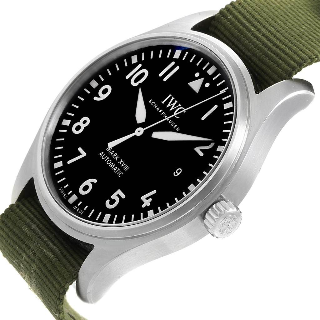 The IWC Pilot IW327011 Men's Stainless Steel Black Dial IW327011 Men's Stainless Steel Black Dial Mark XVIII Automatic watch is shown at a slight side angle highlighting the dial, crown, and strap.