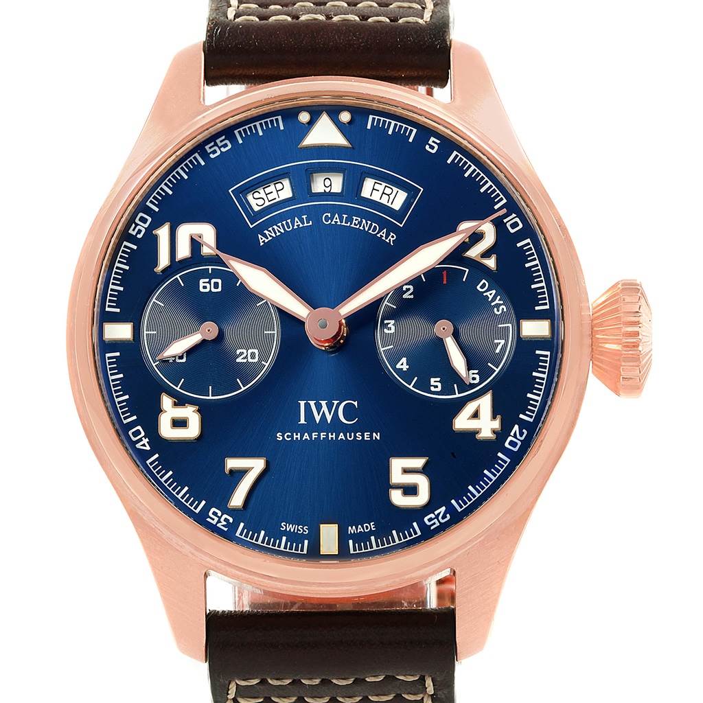 The image shows a frontal view of the IWC Pilot IW502701 Men's Rose Gold Blue Dial IW502701 Men's Rose Gold Blue Dial model watch with an annual calendar and dual subdials.