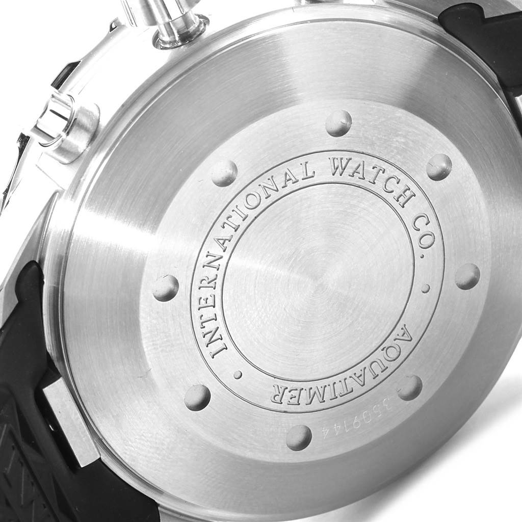 This image shows the back case of the IWC Aquatimer IW376709 Men's Stainless Steel Black Dial IW376709 Men's Stainless Steel Black Dial watch, emphasizing the brand engraving.