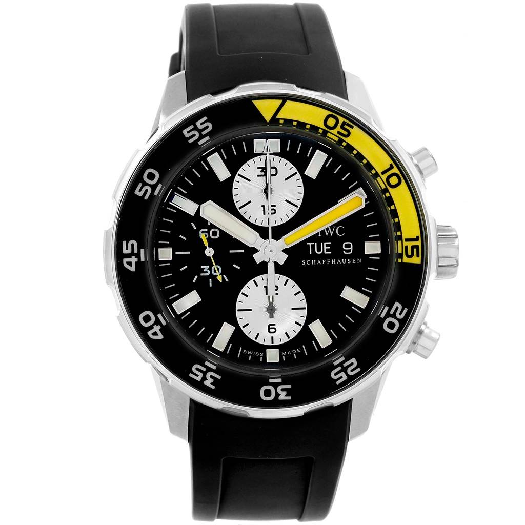 The image shows a frontal view of an IWC Aquatimer IW376709 Men's Stainless Steel Black Dial IW376709 Men's Stainless Steel Black Dial watch, highlighting the dial, bezel, and strap.