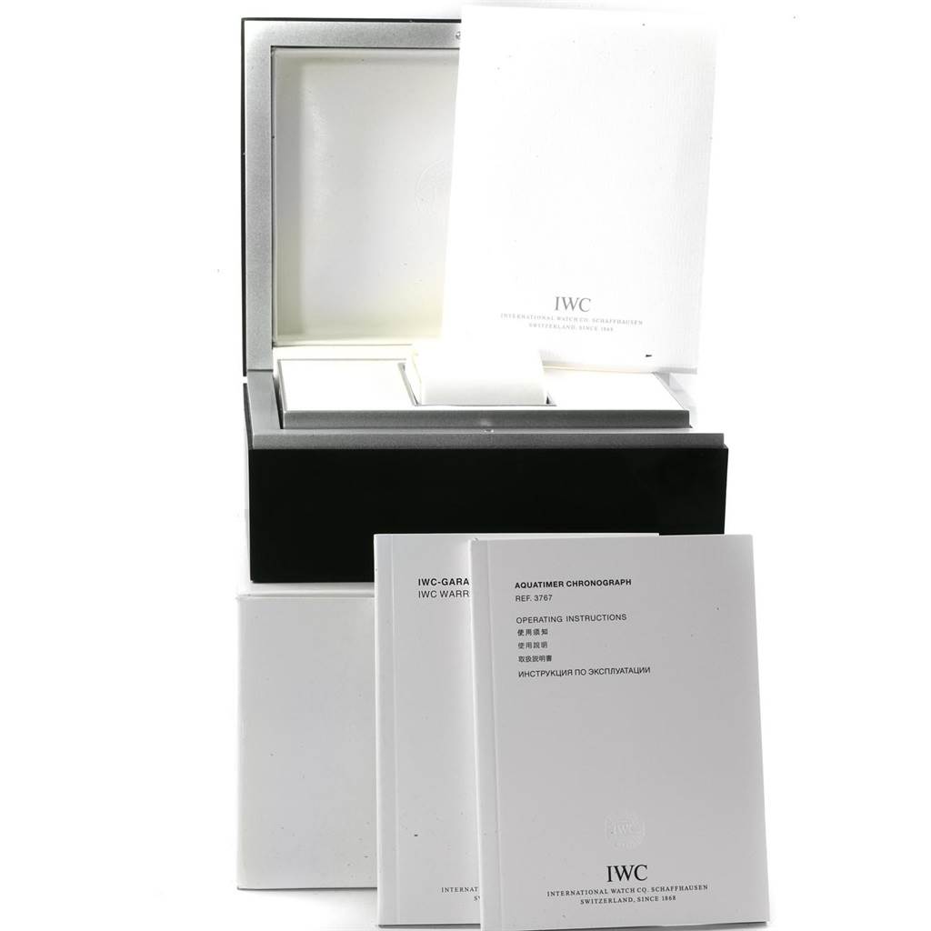 This image shows the packaging and documentation (including manuals and warranty) for the IWC Aquatimer IW376709 Men's Stainless Steel Black Dial IW376709 Men's Stainless Steel Black Dial watch model.