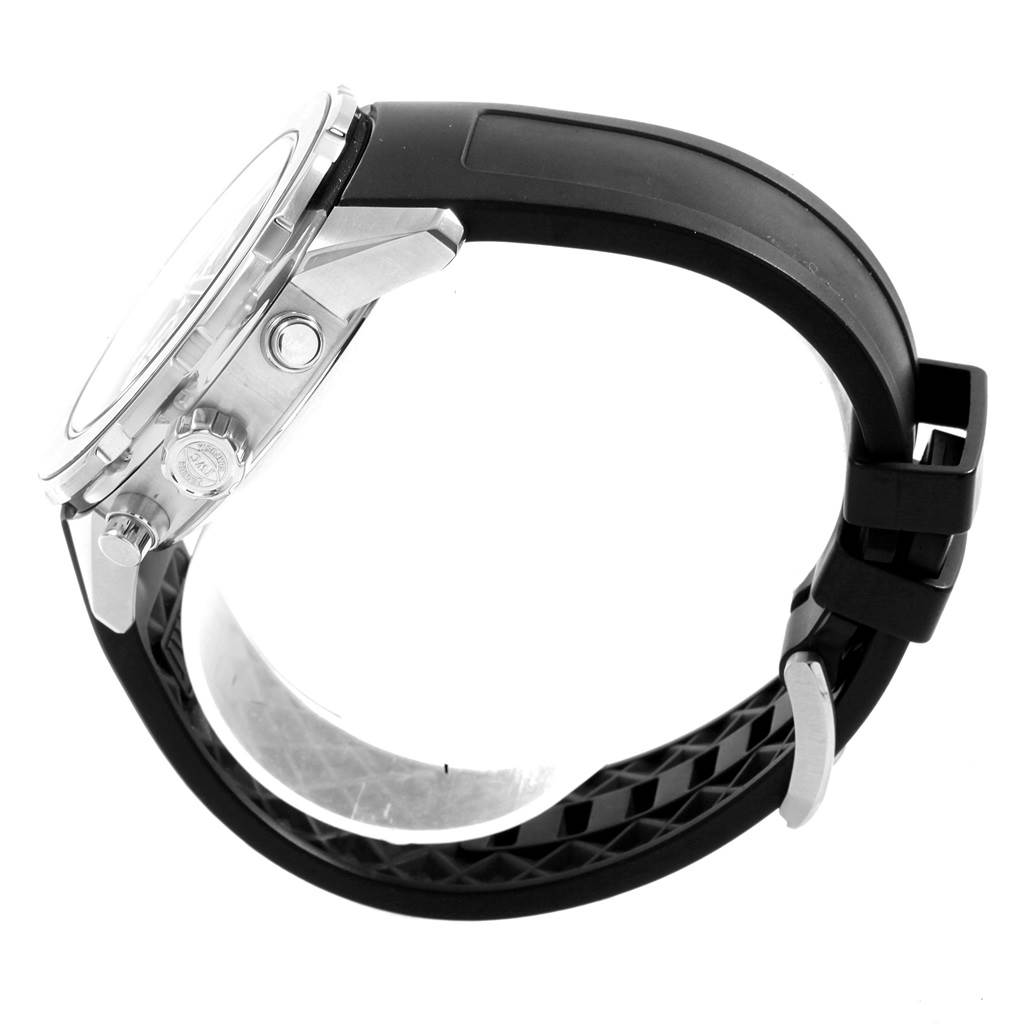 The image shows a side view of an IWC Aquatimer IW376709 Men's Stainless Steel Black Dial IW376709 Men's Stainless Steel Black Dial watch, highlighting the case, crown, pushers, and rubber strap.