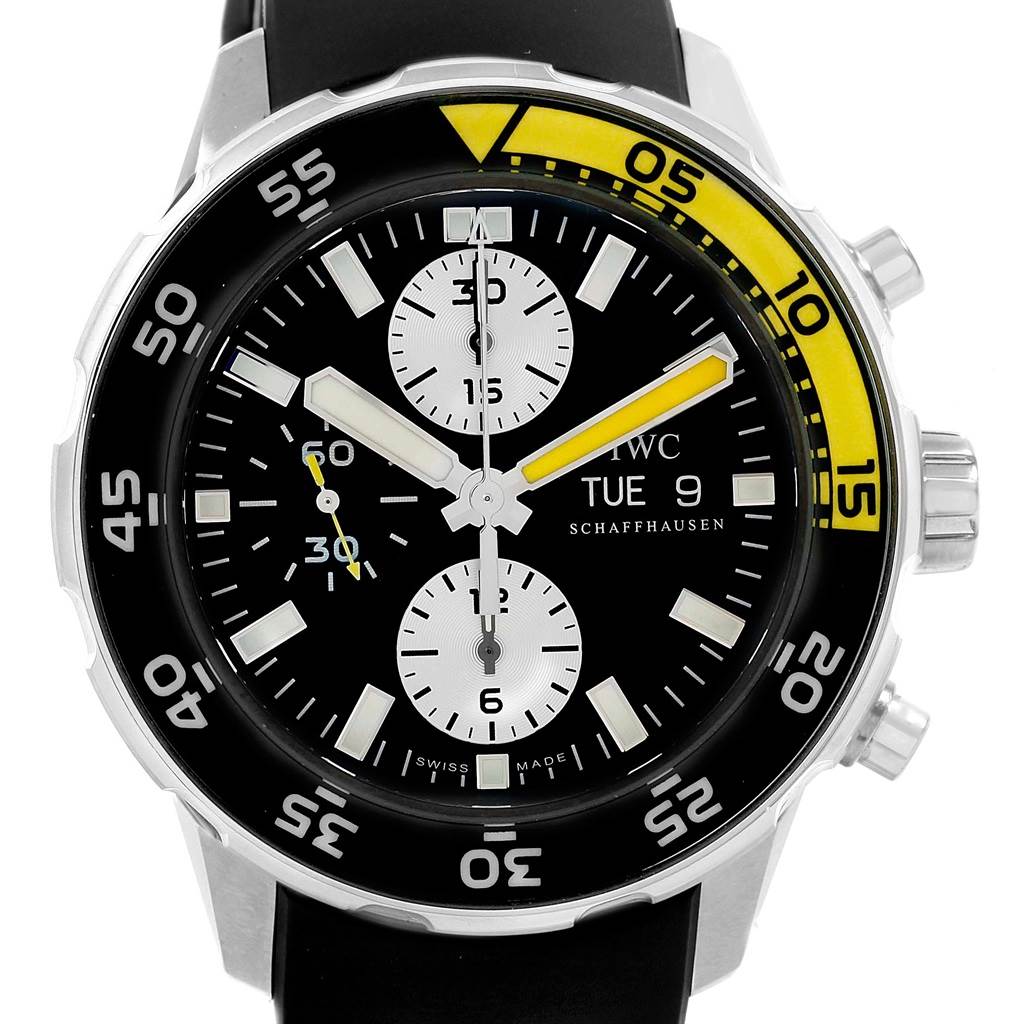 This image shows a frontal view of the IWC Aquatimer IW376709 Men's Stainless Steel Black Dial IW376709 Men's Stainless Steel Black Dial watch, highlighting its dial, bezel, and chronograph sub-dials.