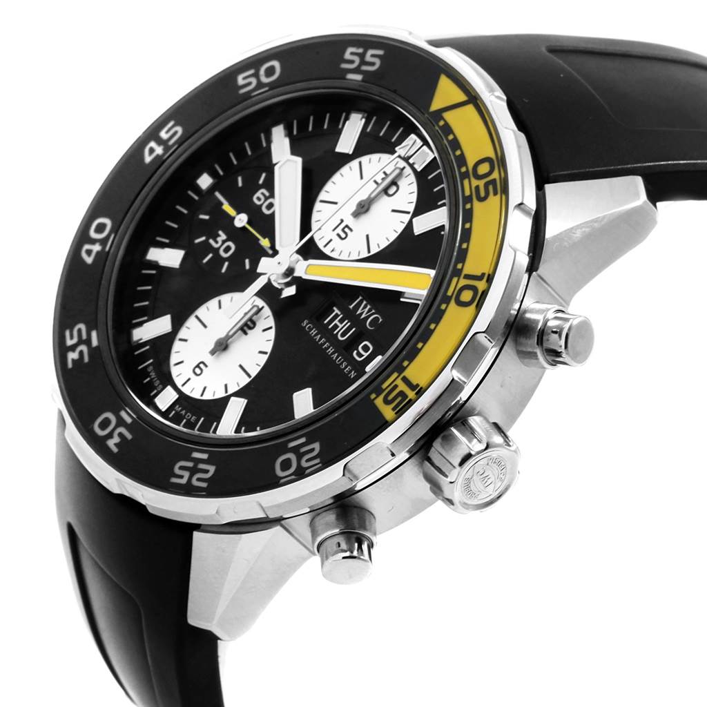 The image shows a side angle of the IWC Aquatimer IW376709 Men's Stainless Steel Black Dial IW376709 Men's Stainless Steel Black Dial watch, highlighting its bezel, dial, chronographs, and crown.