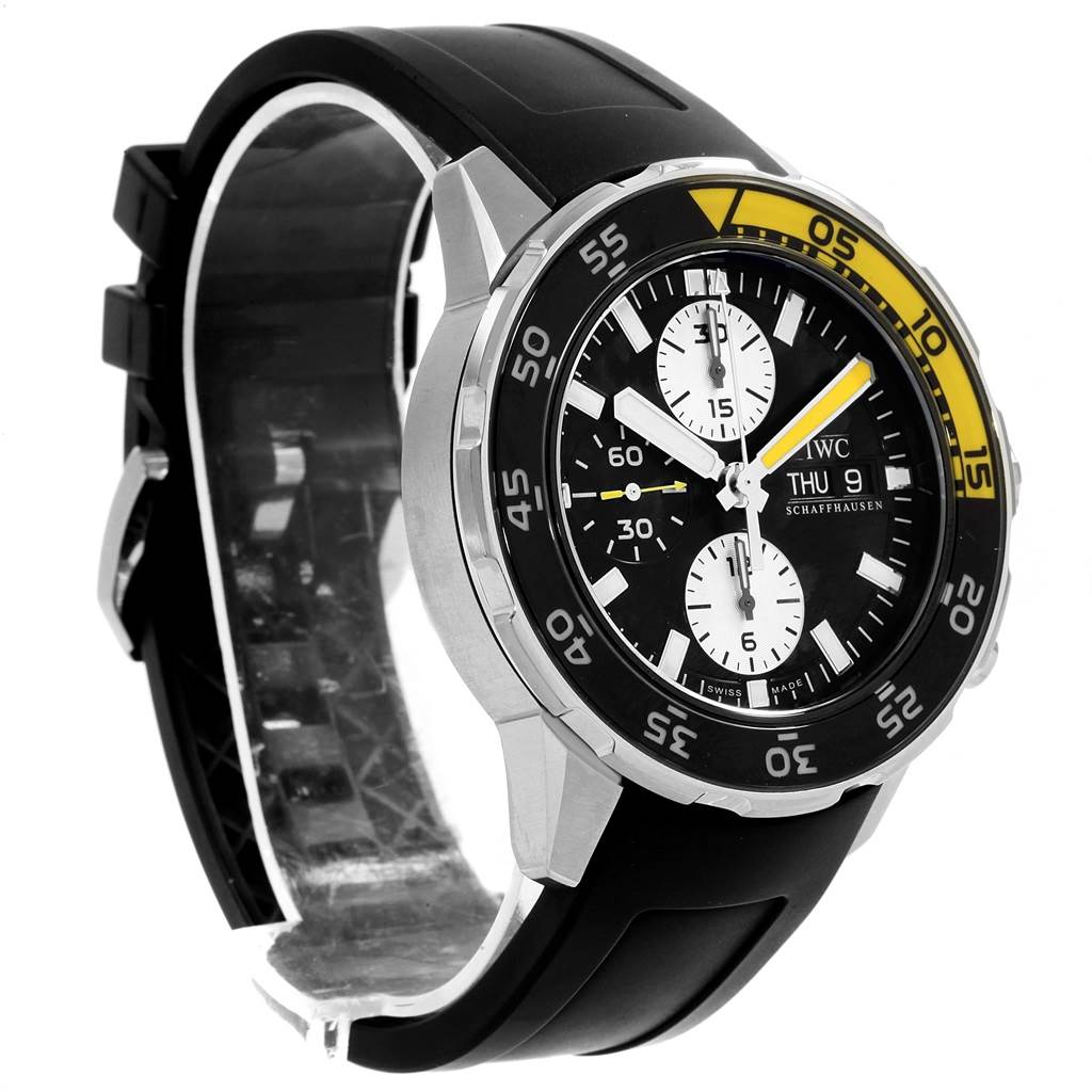 The IWC Aquatimer IW376709 Men's Stainless Steel Black Dial IW376709 Men's Stainless Steel Black Dial watch is shown at an angled side view, highlighting its bezel, dial, and black strap.