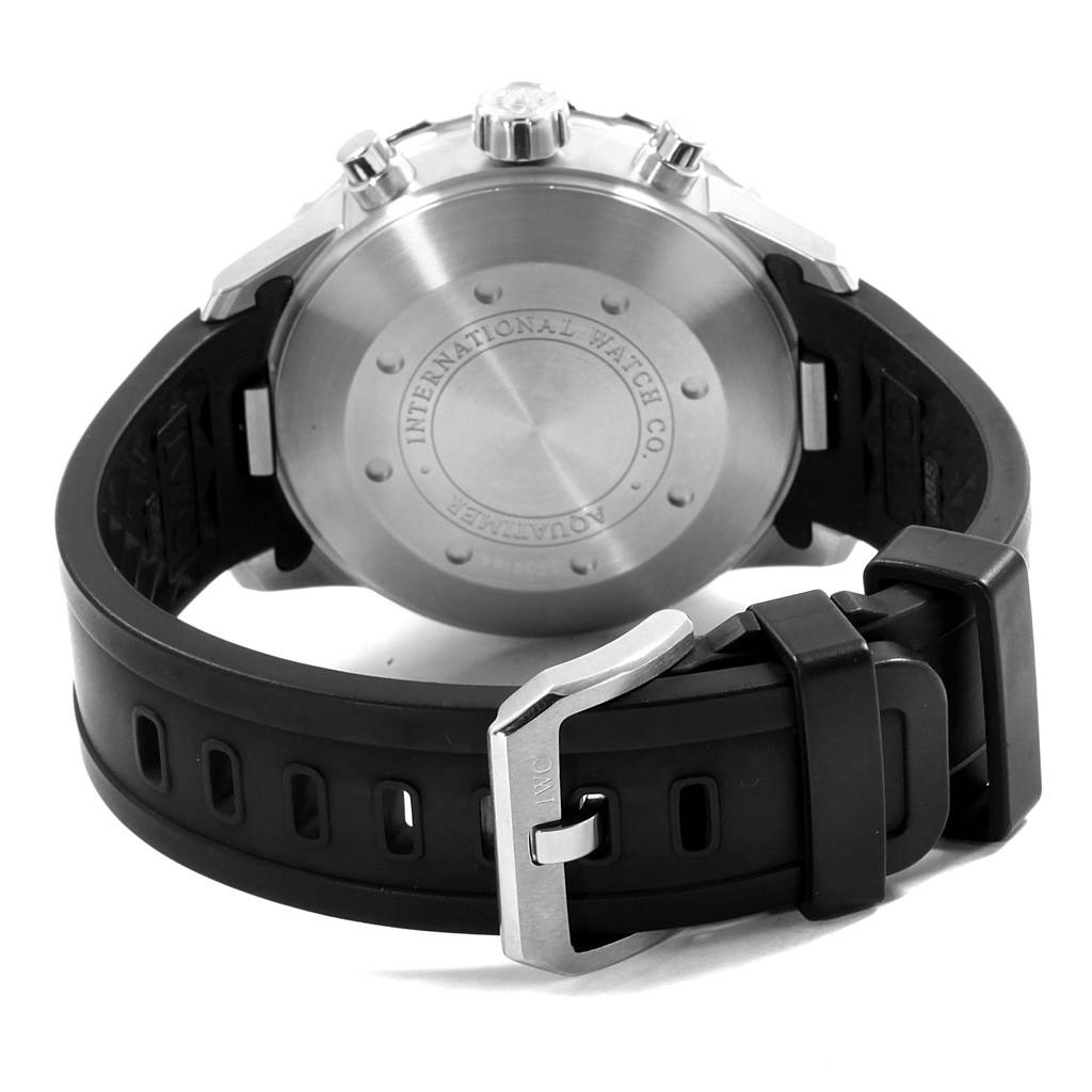 The image shows the back view of an IWC Aquatimer IW376709 Men's Stainless Steel Black Dial IW376709 Men's Stainless Steel Black Dial watch, highlighting the case back, pushers, and black rubber strap with buckle.