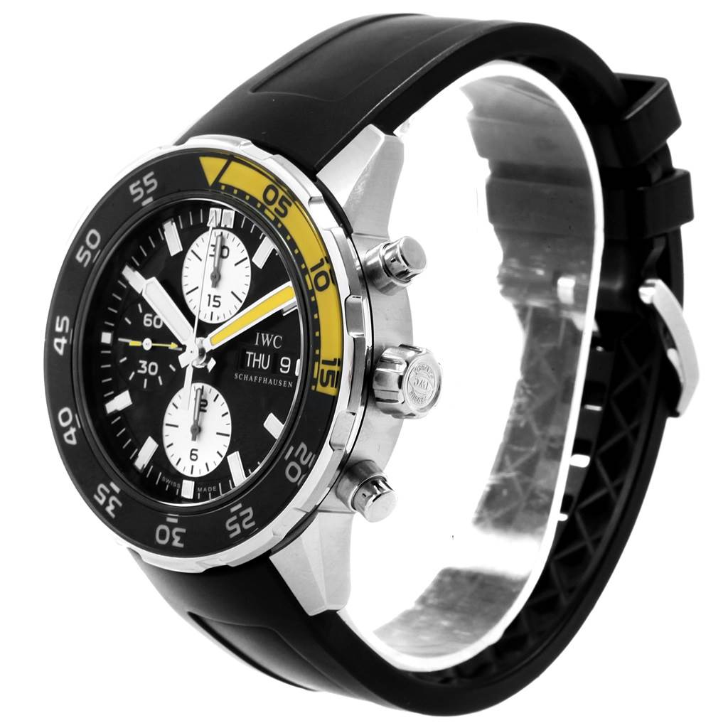 The IWC Aquatimer IW376709 Men's Stainless Steel Black Dial IW376709 Men's Stainless Steel Black Dial watch is shown at a three-quarter angle, highlighting its face, bezel, and side pushers.