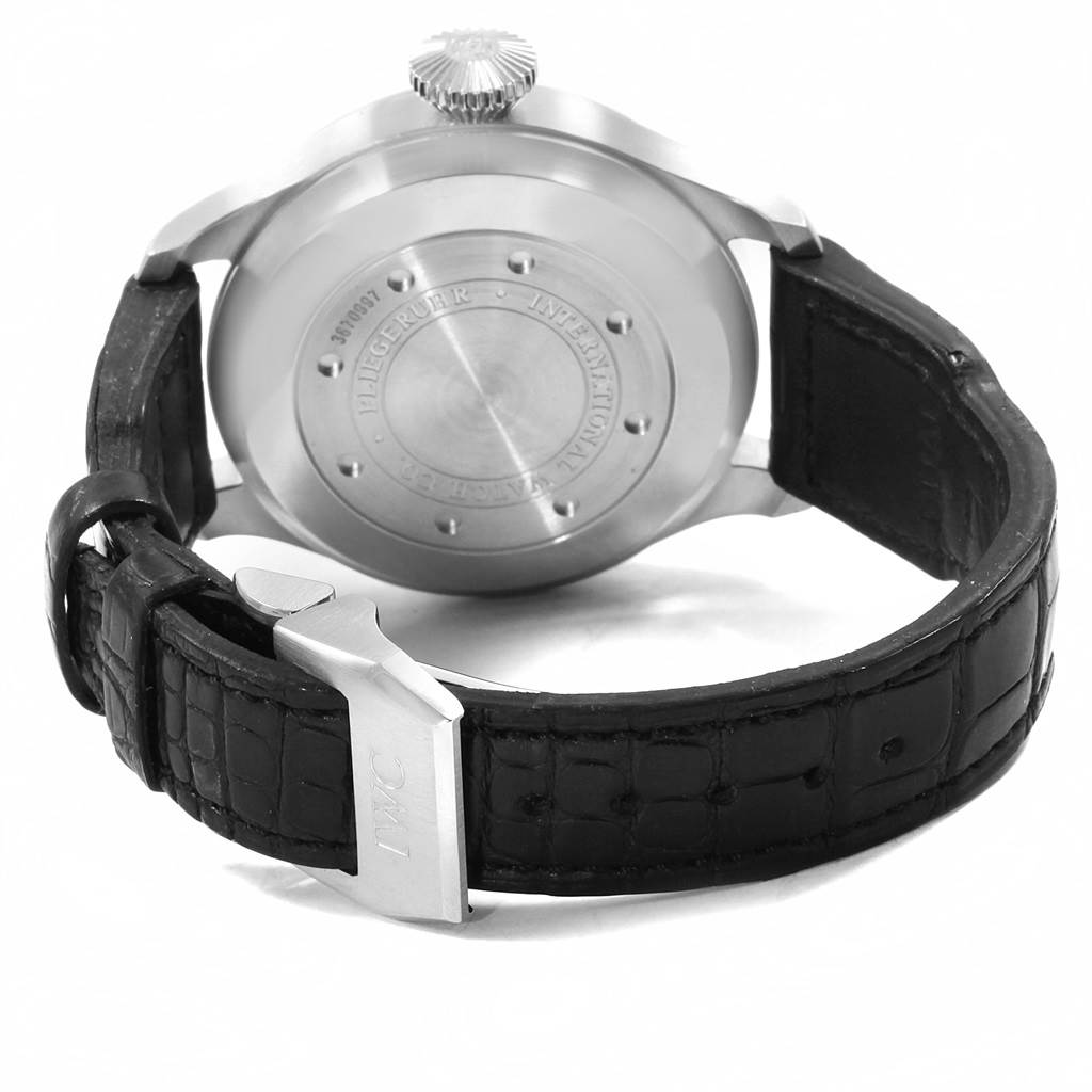 This image shows the back case and leather strap of an IWC Pilot IW500901 Men's Stainless Steel Black Dial IW500901 Men's Stainless Steel Black Dial model watch at an angled rear view.