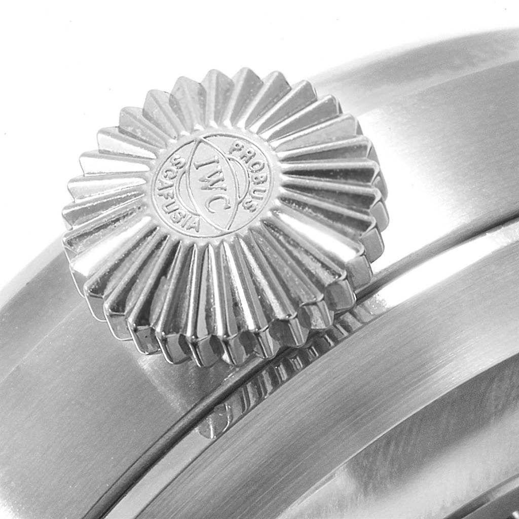 This image shows a close-up of the crown of an IWC Pilot IW500901 Men's Stainless Steel Black Dial IW500901 Men's Stainless Steel Black Dial model watch.