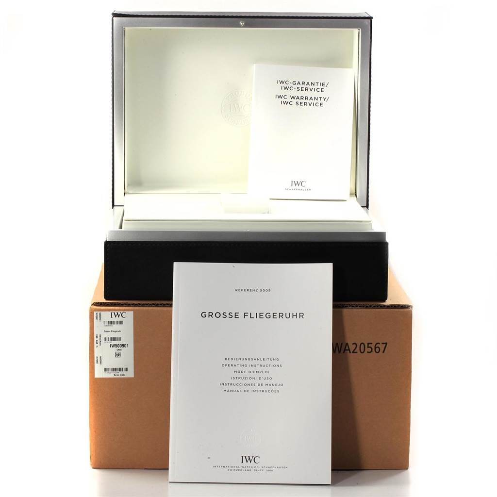 This image shows an open box with manuals for the IWC Pilot IW500901 Men's Stainless Steel Black Dial IW500901 Men's Stainless Steel Black Dial model watch.