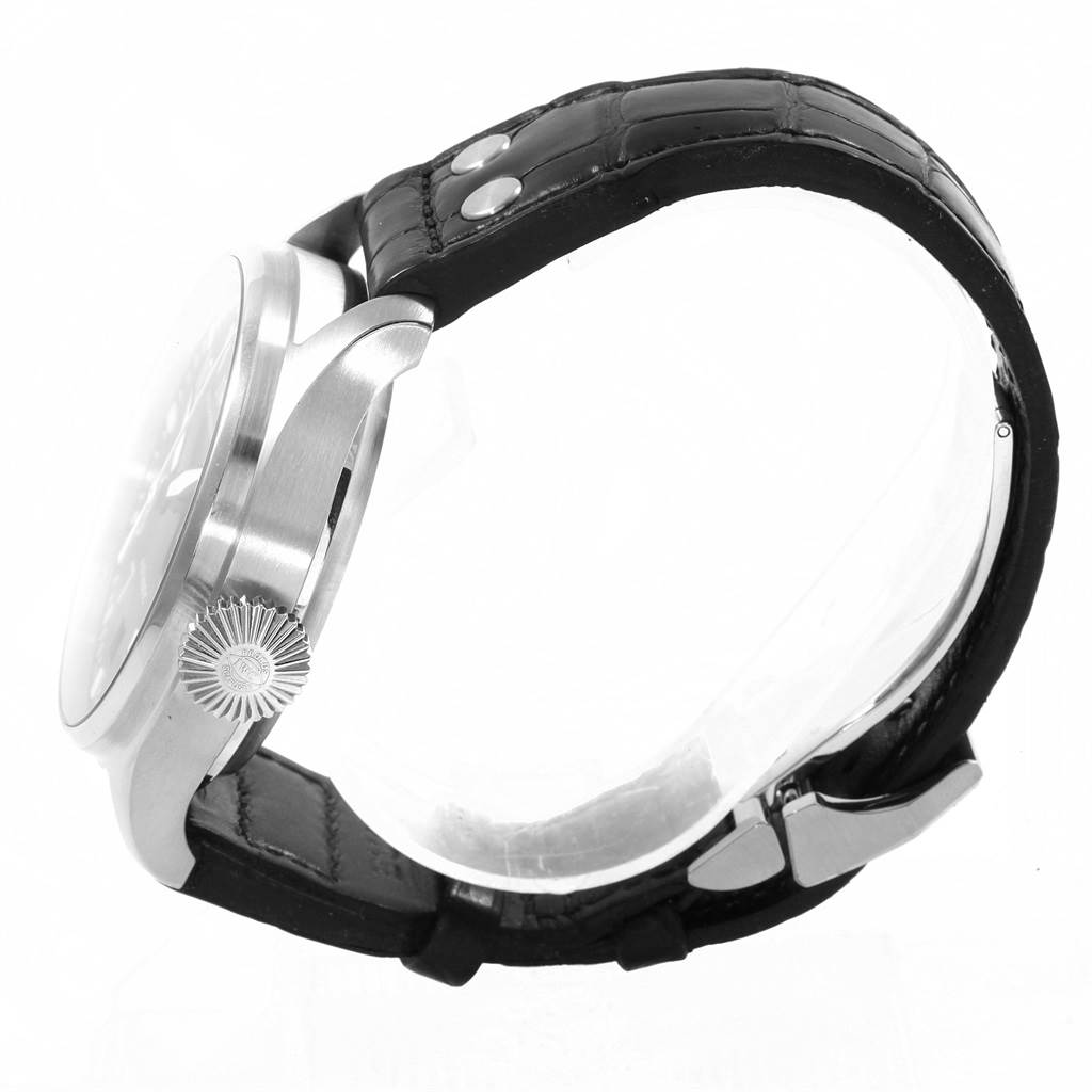 The image shows a side view of an IWC Pilot IW500901 Men's Stainless Steel Black Dial IW500901 Men's Stainless Steel Black Dial model watch, highlighting the case, crown, and leather strap with clasps.