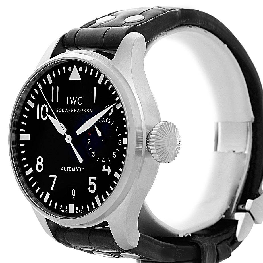 The image shows a side view of the IWC Pilot IW500901 Men's Stainless Steel Black Dial IW500901 Men's Stainless Steel Black Dial watch model, highlighting the crown and part of the black leather strap.