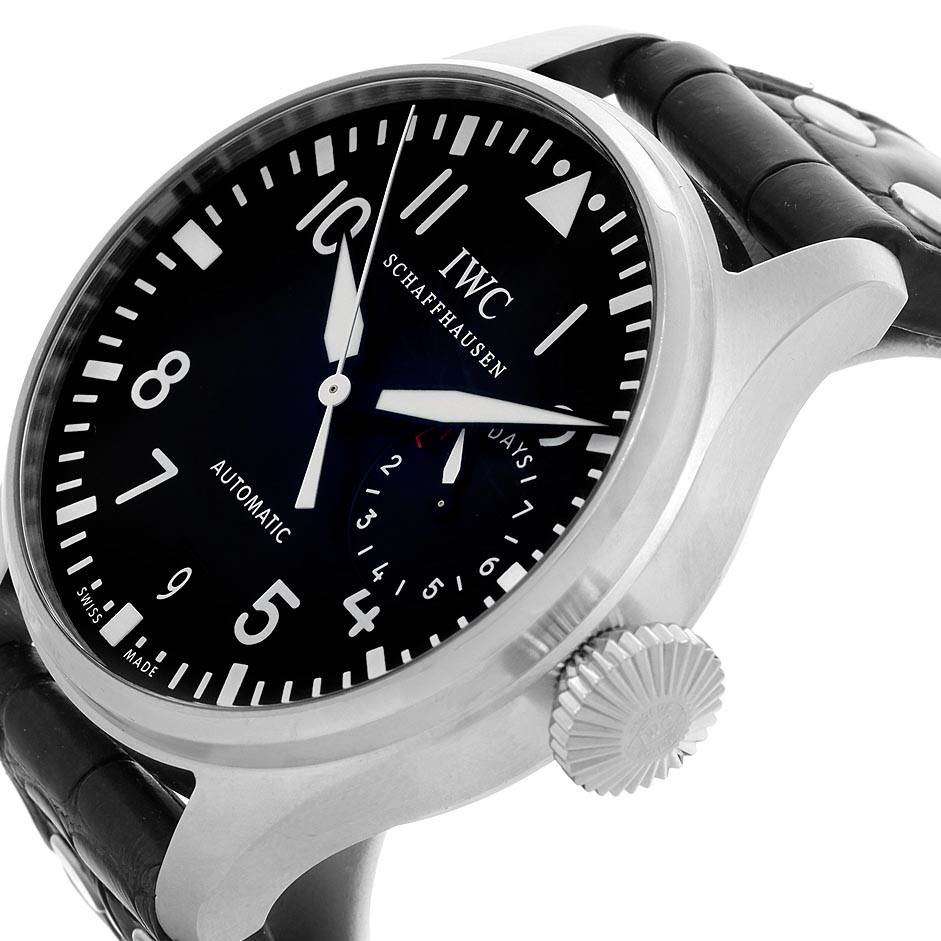 The image shows an IWC Pilot IW500901 Men's Stainless Steel Black Dial IW500901 Men's Stainless Steel Black Dial model watch from an angled side view, highlighting the face, crown, and part of the leather strap.