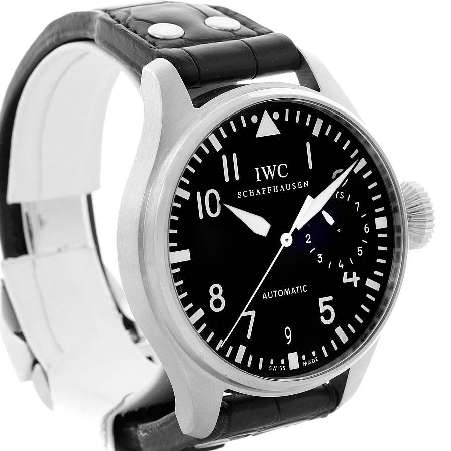 The image shows a front-angle view of the IWC Pilot IW500901 Men's Stainless Steel Black Dial IW500901 Men's Stainless Steel Black Dial model watch, including its dial, case, crown, and part of the strap.