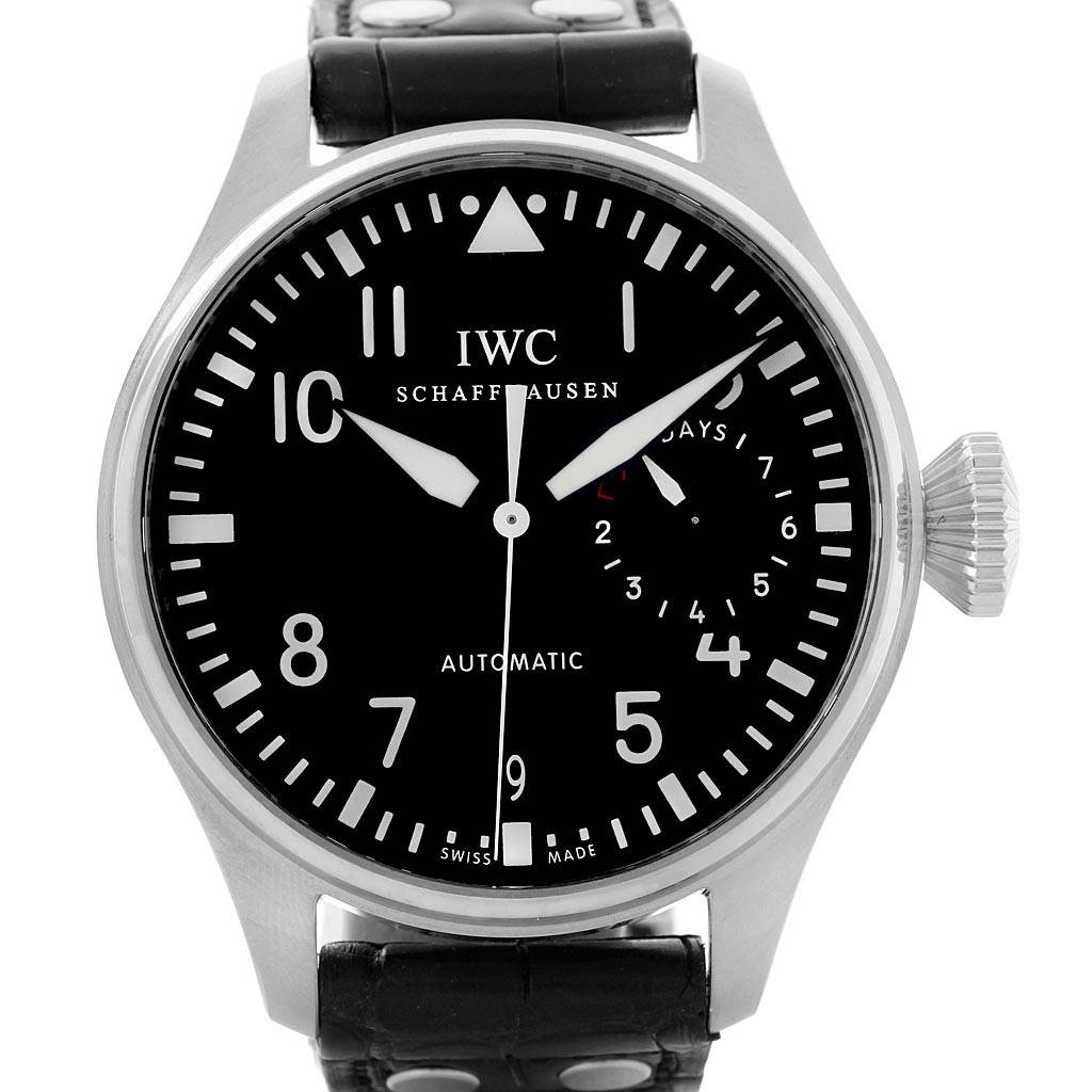 The IWC Pilot IW500901 Men's Stainless Steel Black Dial IW500901 Men's Stainless Steel Black Dial watch is shown from the front, displaying its black dial, white numerals, and hands, along with the brand logo and crown.