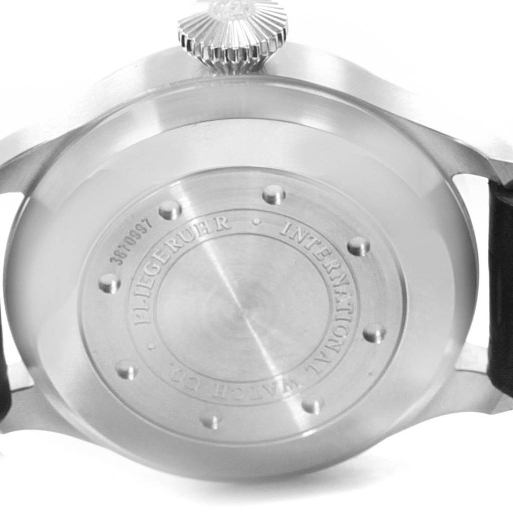 The image shows the case back and crown of an IWC Pilot IW500901 Men's Stainless Steel Black Dial IW500901 Men's Stainless Steel Black Dial model watch viewed from the back.