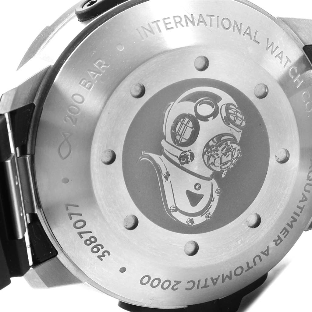 The image shows the back case of an IWC Aquatimer IW358002 Men's Stainless Steel Black Dial IW358002 Men's Stainless Steel Black Dial watch, featuring the brand name, model, water resistance, and a diver helmet engraving.