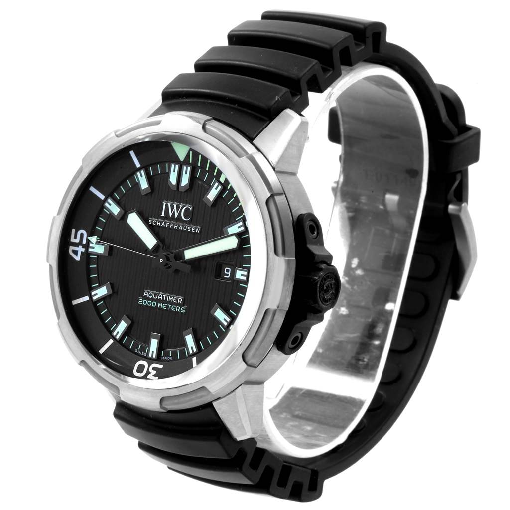 This image shows an IWC Aquatimer IW358002 Men's Stainless Steel Black Dial IW358002 Men's Stainless Steel Black Dial watch angled from the front-left, highlighting the bezel, dial, and rubber strap.