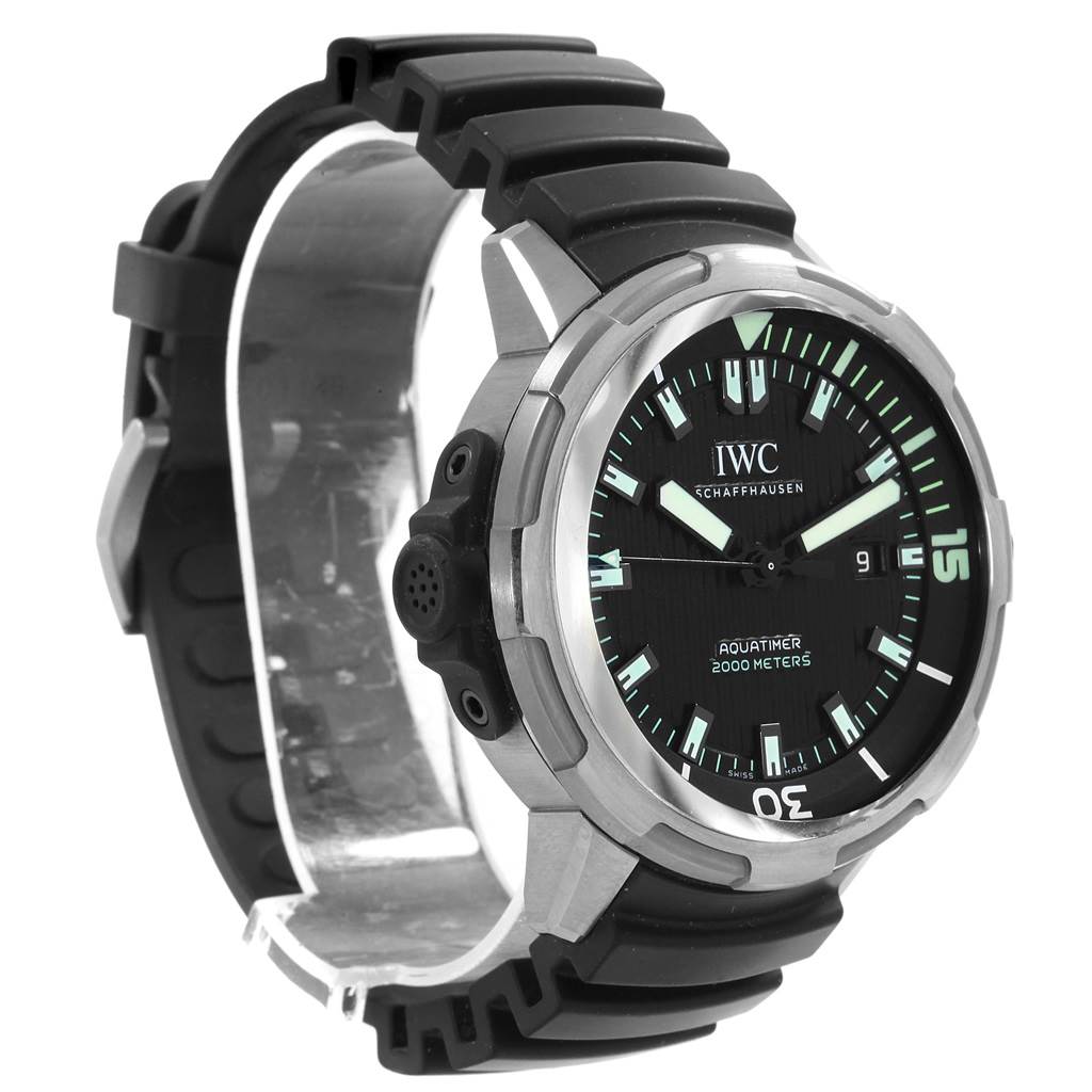 The IWC Aquatimer IW358002 Men's Stainless Steel Black Dial IW358002 Men's Stainless Steel Black Dial watch is shown at an angled view, displaying its face, bezel, and part of the strap.