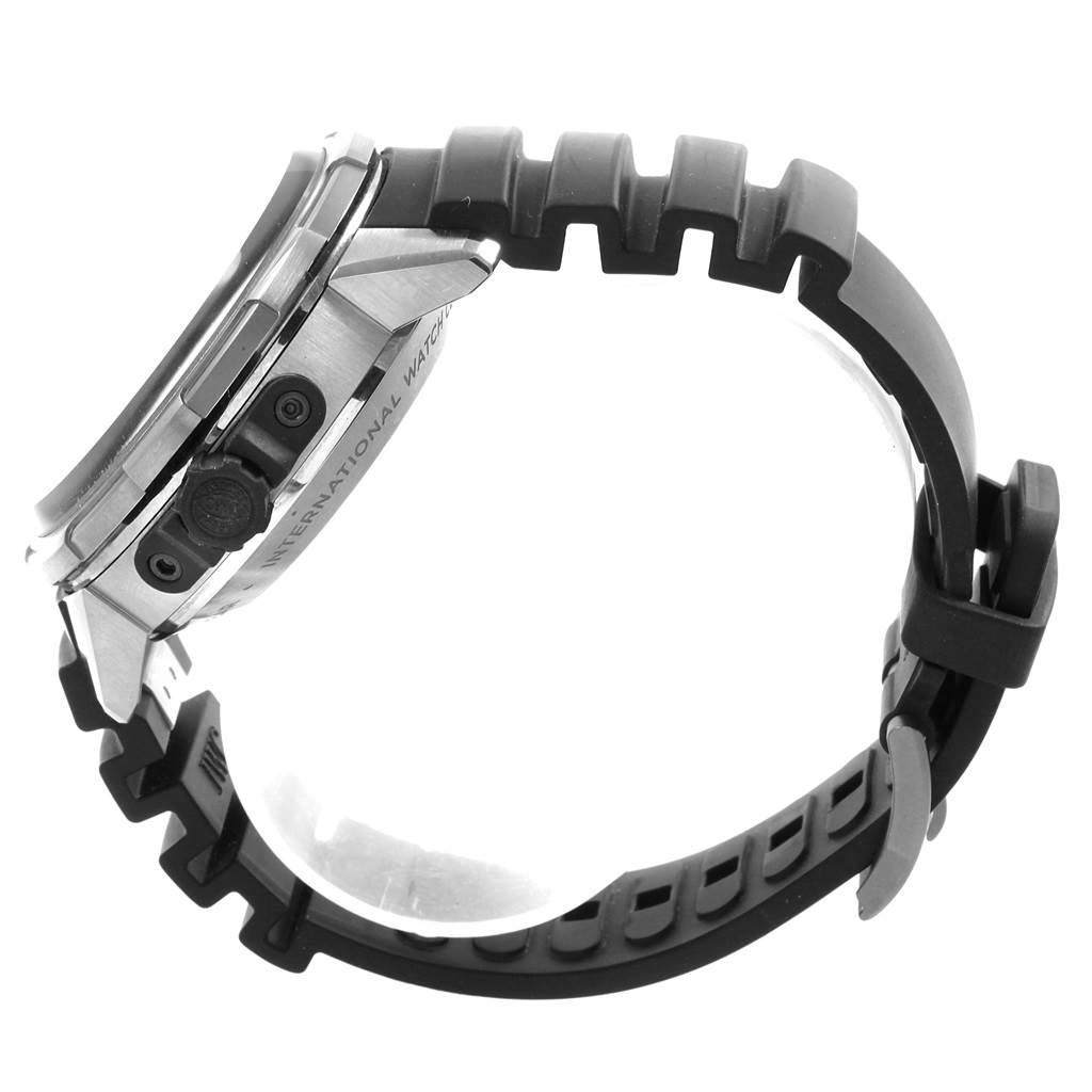 The image shows a side view of an IWC Aquatimer IW358002 Men's Stainless Steel Black Dial IW358002 Men's Stainless Steel Black Dial watch, highlighting the case, crown, and rubber strap.