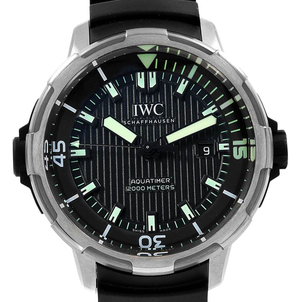 Front view of the IWC Aquatimer IW358002 Men's Stainless Steel Black Dial IW358002 Men's Stainless Steel Black Dial, showing the dial, bezel, and part of the strap.