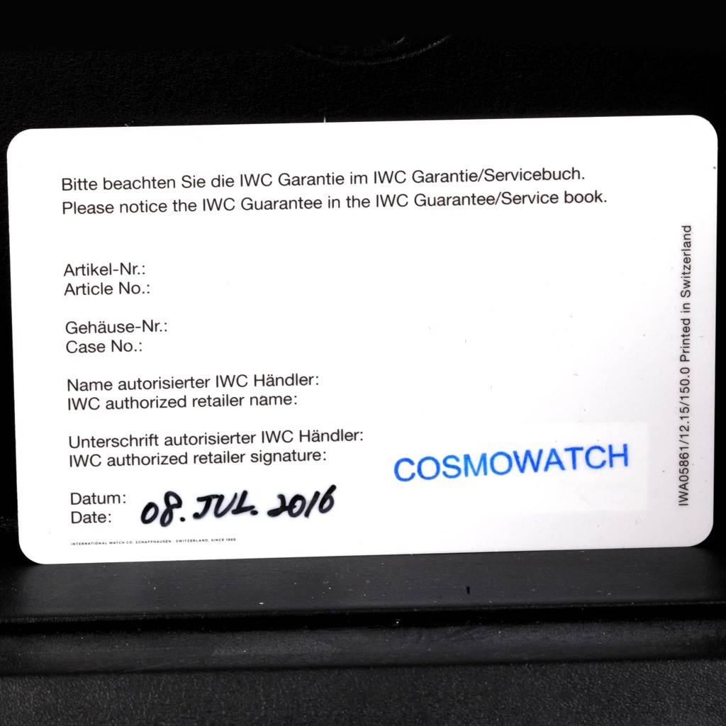 This image shows the guarantee card for the IWC Aquatimer IW358002 Men's Stainless Steel Black Dial IW358002 Men's Stainless Steel Black Dial watch model with details like article number, case number, and retailer information.