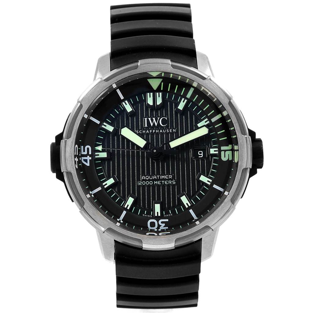 The image shows a front view of the IWC Aquatimer IW358002 Men's Stainless Steel Black Dial IW358002 Men's Stainless Steel Black Dial watch, displaying the dial, bezel, and strap.