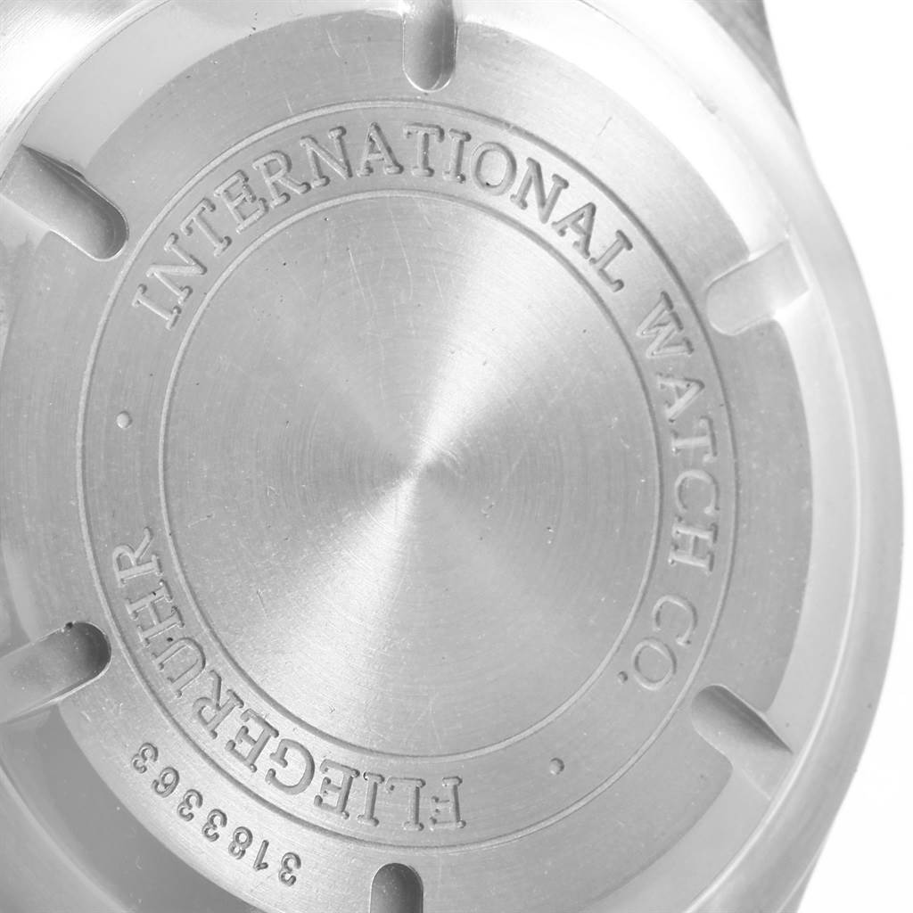 The image shows the back case of an IWC Pilot IW371705 Men's Stainless Steel Silver Dial IW371705 Men's Stainless Steel Silver Dial watch, displaying the brand's engraving and serial number.