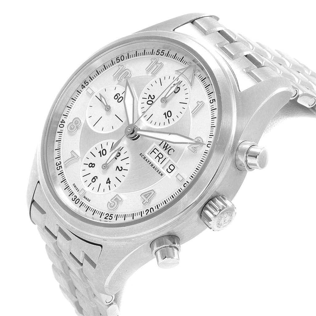 The image shows a close-up angle of the IWC Pilot IW371705 Men's Stainless Steel Silver Dial IW371705 Men's Stainless Steel Silver Dial model watch, displaying the face, chronograph sub-dials, and part of the metal bracelet.
