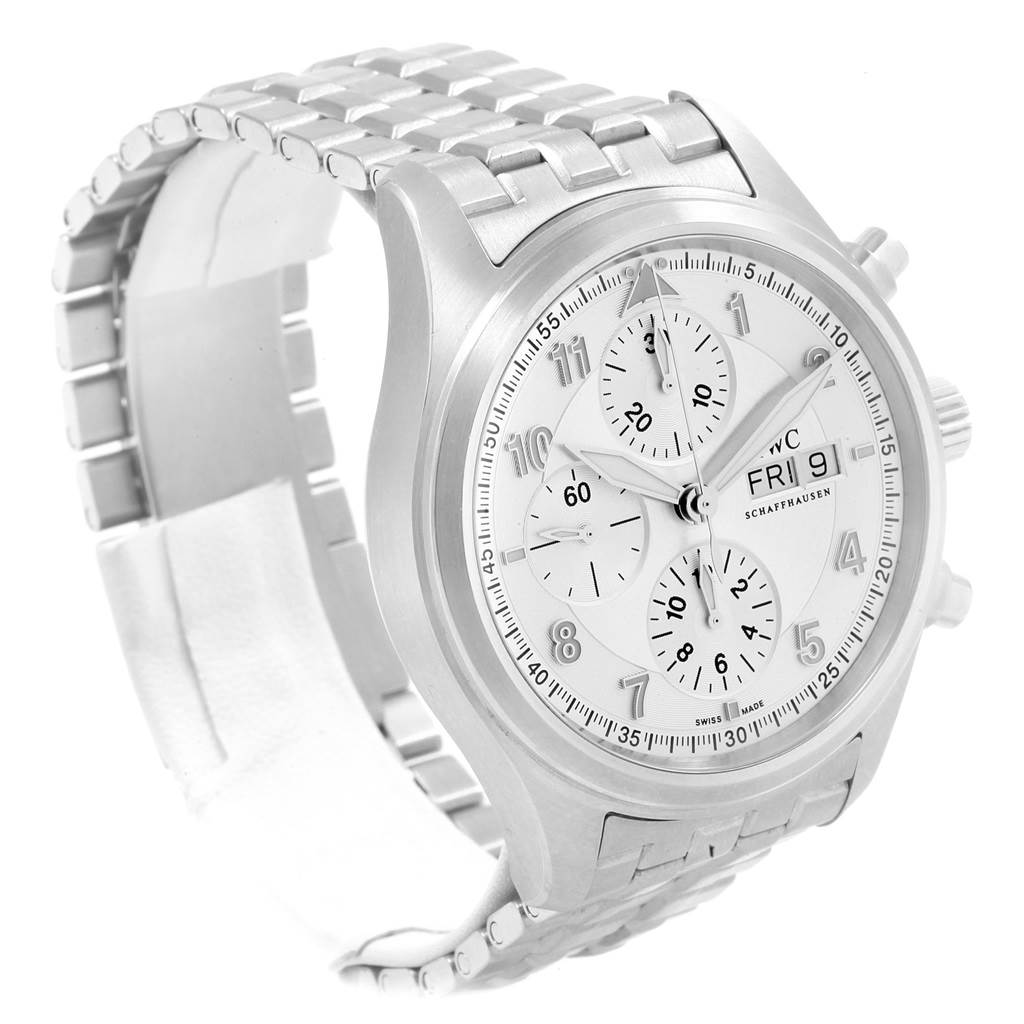 The image shows a front-angle view of an IWC Pilot IW371705 Men's Stainless Steel Silver Dial IW371705 Men's Stainless Steel Silver Dial model watch, displaying its face, dial, and metal bracelet.