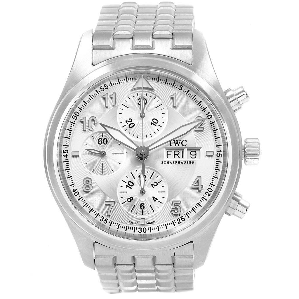 The image shows a full frontal view of the IWC Pilot IW371705 Men's Stainless Steel Silver Dial IW371705 Men's Stainless Steel Silver Dial model watch, highlighting its dial, chronograph sub-dials, and bracelet.