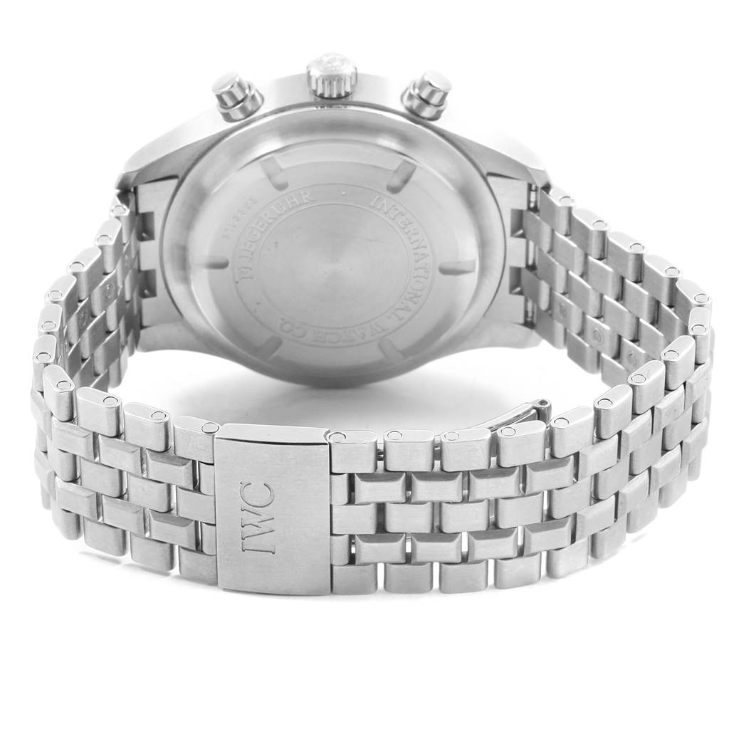 The image shows the back case and bracelet of the IWC Pilot IW371705 Men's Stainless Steel Silver Dial IW371705 Men's Stainless Steel Silver Dial model watch.