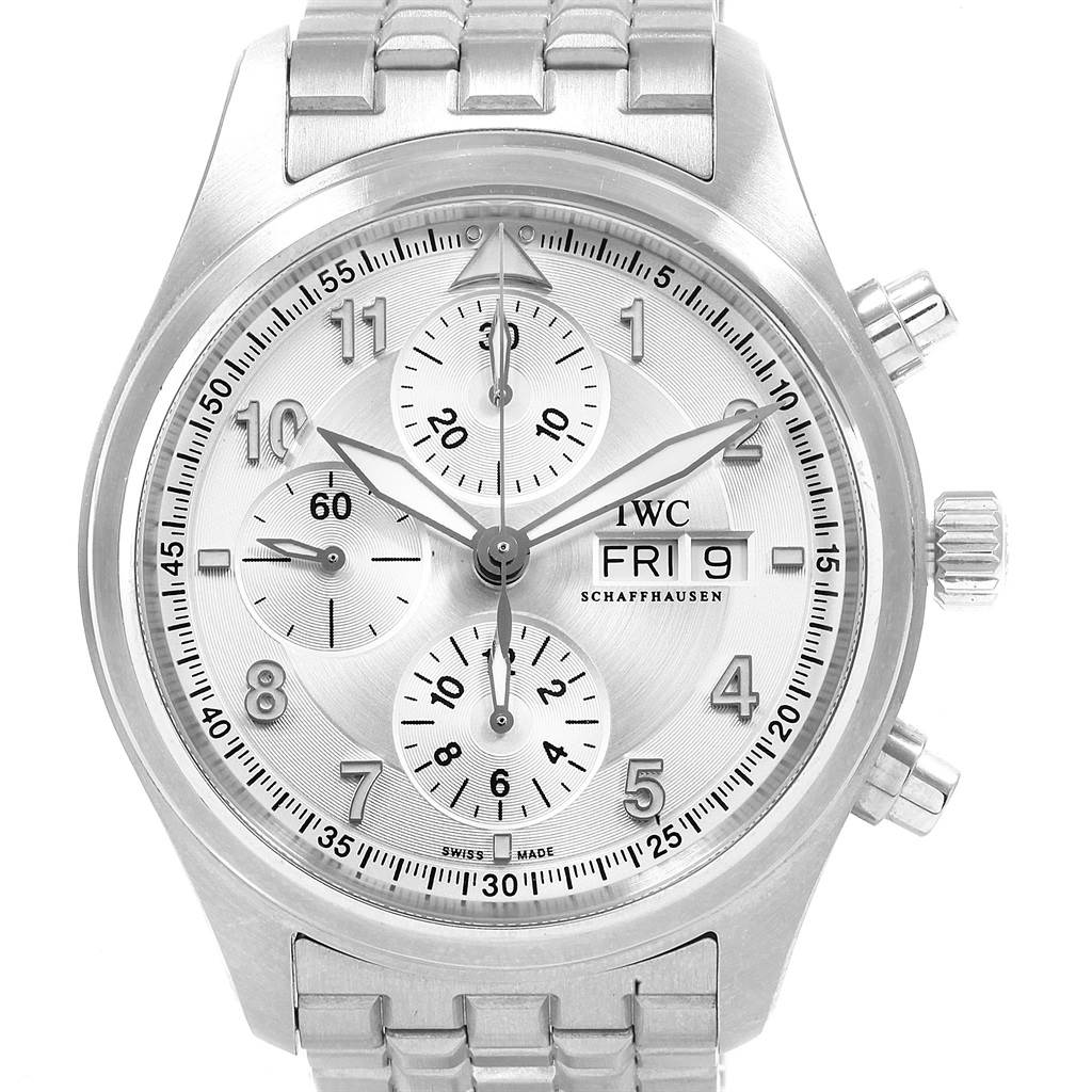 This image shows a frontal view of the IWC Pilot IW371705 Men's Stainless Steel Silver Dial IW371705 Men's Stainless Steel Silver Dial model watch, displaying the dial, subdials, and metal bracelet.