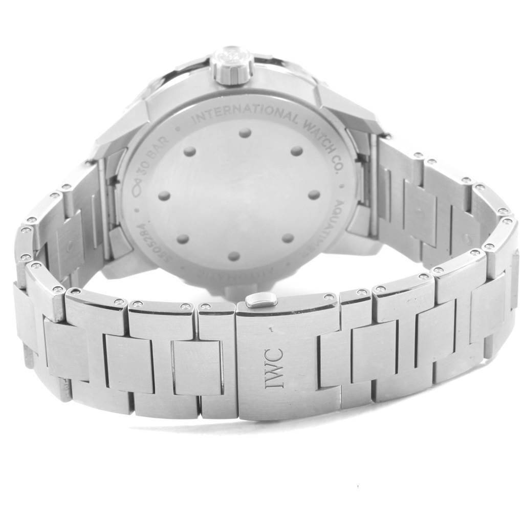 The image shows the back and bracelet of an IWC Aquatimer IW329002 Men's Stainless Steel Black Dial IW329002 Men's Stainless Steel Black Dial watch, highlighting its stainless steel construction.