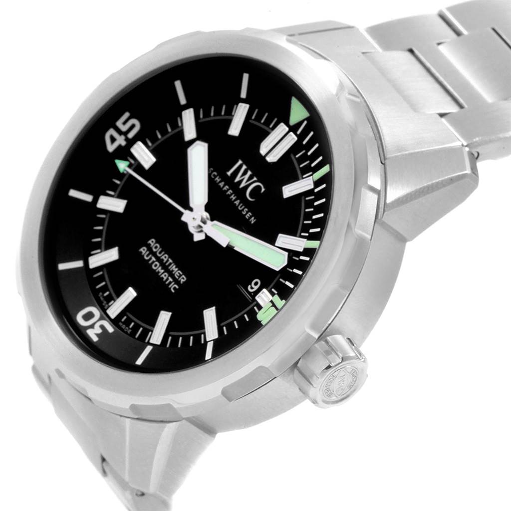 The image shows a close-up angle of the IWC Aquatimer IW329002 Men's Stainless Steel Black Dial IW329002 Men's Stainless Steel Black Dial model, focusing on its face, bezel, crown, and part of the stainless steel bracelet.