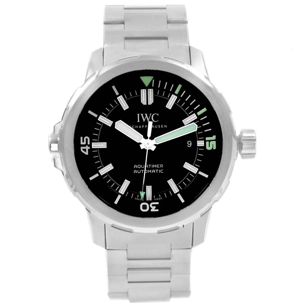 The image shows a front view of an IWC Aquatimer IW329002 Men's Stainless Steel Black Dial IW329002 Men's Stainless Steel Black Dial watch, displaying the face, bezel, and part of the metal bracelet.