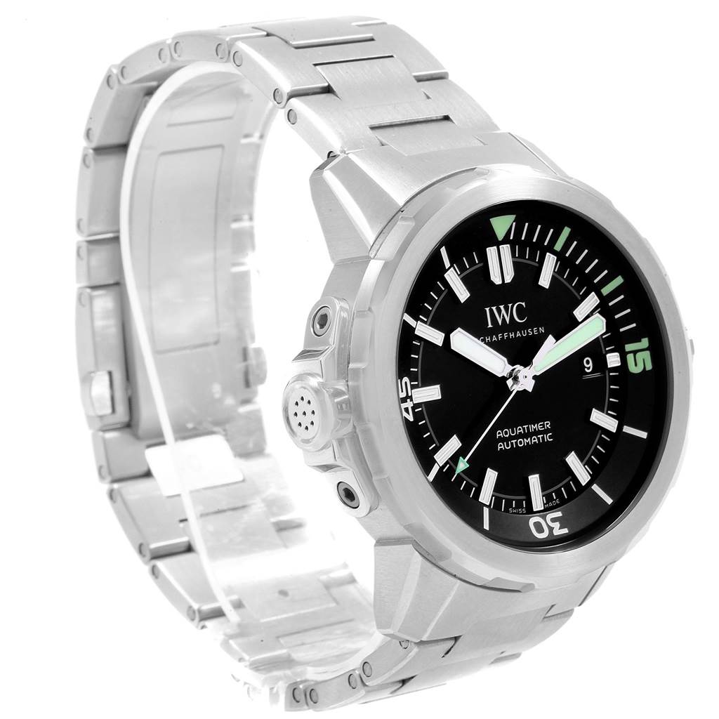 The image shows an IWC Aquatimer IW329002 Men's Stainless Steel Black Dial IW329002 Men's Stainless Steel Black Dial watch at an angle highlighting the face, bezel, and metal bracelet.