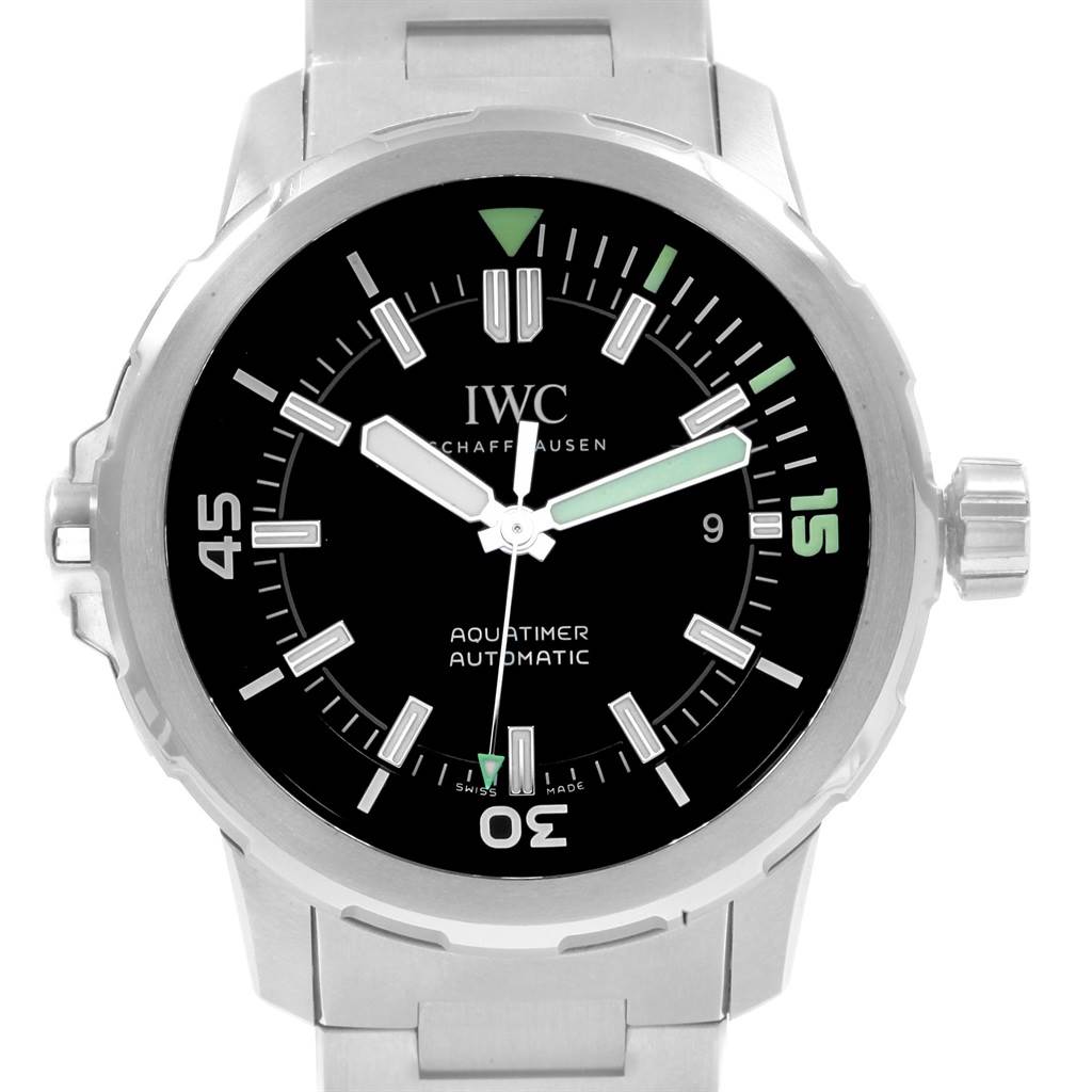 This IWC Aquatimer IW329002 Men's Stainless Steel Black Dial IW329002 Men's Stainless Steel Black Dial watch is shown from a front angle, displaying the dial, hands, bezel, and crown.