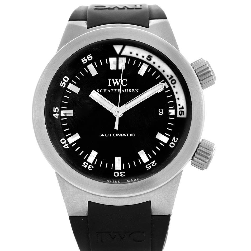 The image shows a frontal view of the IWC Aquatimer IW354807 Men's Stainless Steel Black Dial IW354807 Men's Stainless Steel Black Dial watch, including the dial, bezel, crown, and part of the rubber strap.