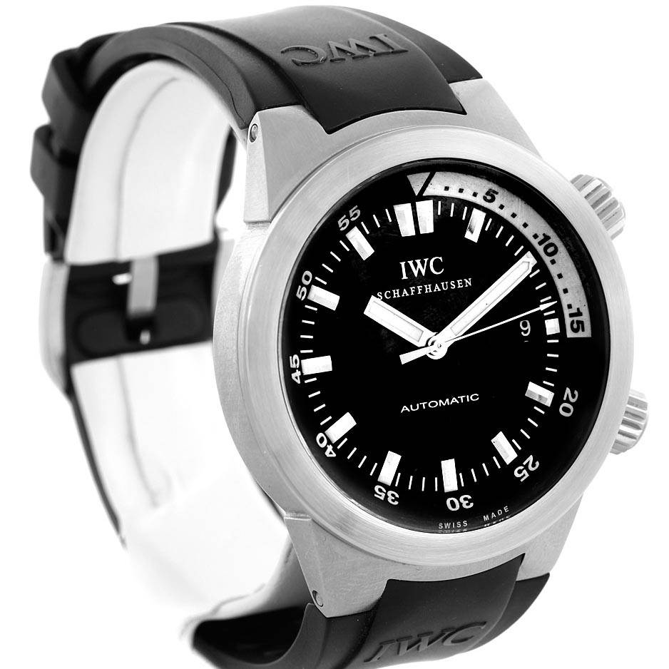The image shows a front-angle view of an IWC Aquatimer IW354807 Men's Stainless Steel Black Dial IW354807 Men's Stainless Steel Black Dial watch, featuring its black dial, stainless steel bezel, and black rubber strap.