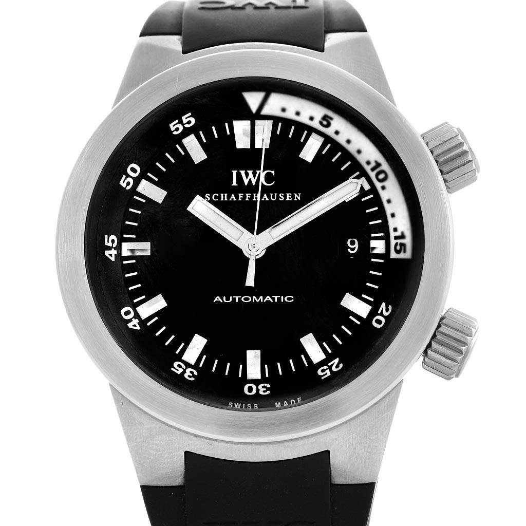 The image shows a front view of the IWC Aquatimer IW354807 Men's Stainless Steel Black Dial IW354807 Men's Stainless Steel Black Dial watch, highlighting its dial, bezel, and crown.