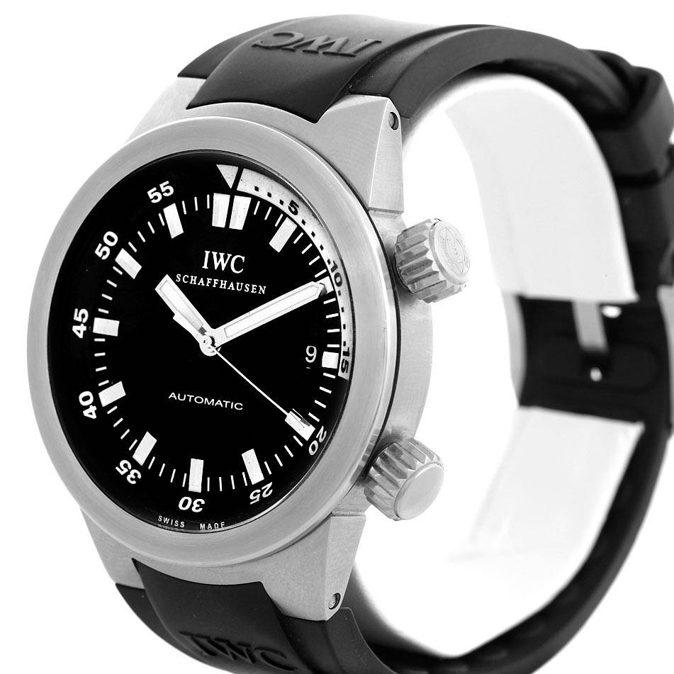 The image shows the IWC Aquatimer IW354807 Men's Stainless Steel Black Dial IW354807 Men's Stainless Steel Black Dial watch at an angled front view, highlighting the face, bezel, and side crown.