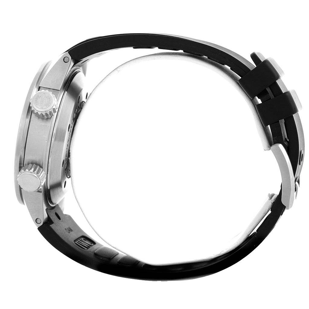 The image shows a side view of the IWC Aquatimer IW354807 Men's Stainless Steel Black Dial IW354807 Men's Stainless Steel Black Dial watch, highlighting the crown, case, and black strap.