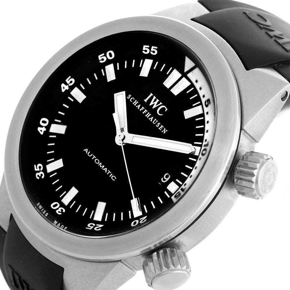 The IWC Aquatimer IW354807 Men's Stainless Steel Black Dial IW354807 Men's Stainless Steel Black Dial watch is shown at an angle, highlighting the bezel, two crowns, and black dial.