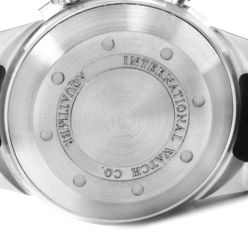 The image shows the back case of an IWC Aquatimer IW354807 Men's Stainless Steel Black Dial IW354807 Men's Stainless Steel Black Dial watch, showcasing the brand and model engraving.