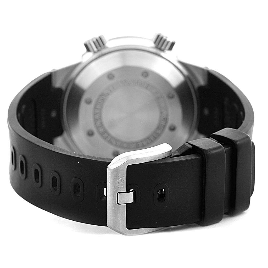 The image shows the back view of an IWC Aquatimer IW354807 Men's Stainless Steel Black Dial IW354807 Men's Stainless Steel Black Dial watch, focusing on the case back and black rubber strap with a metal buckle.