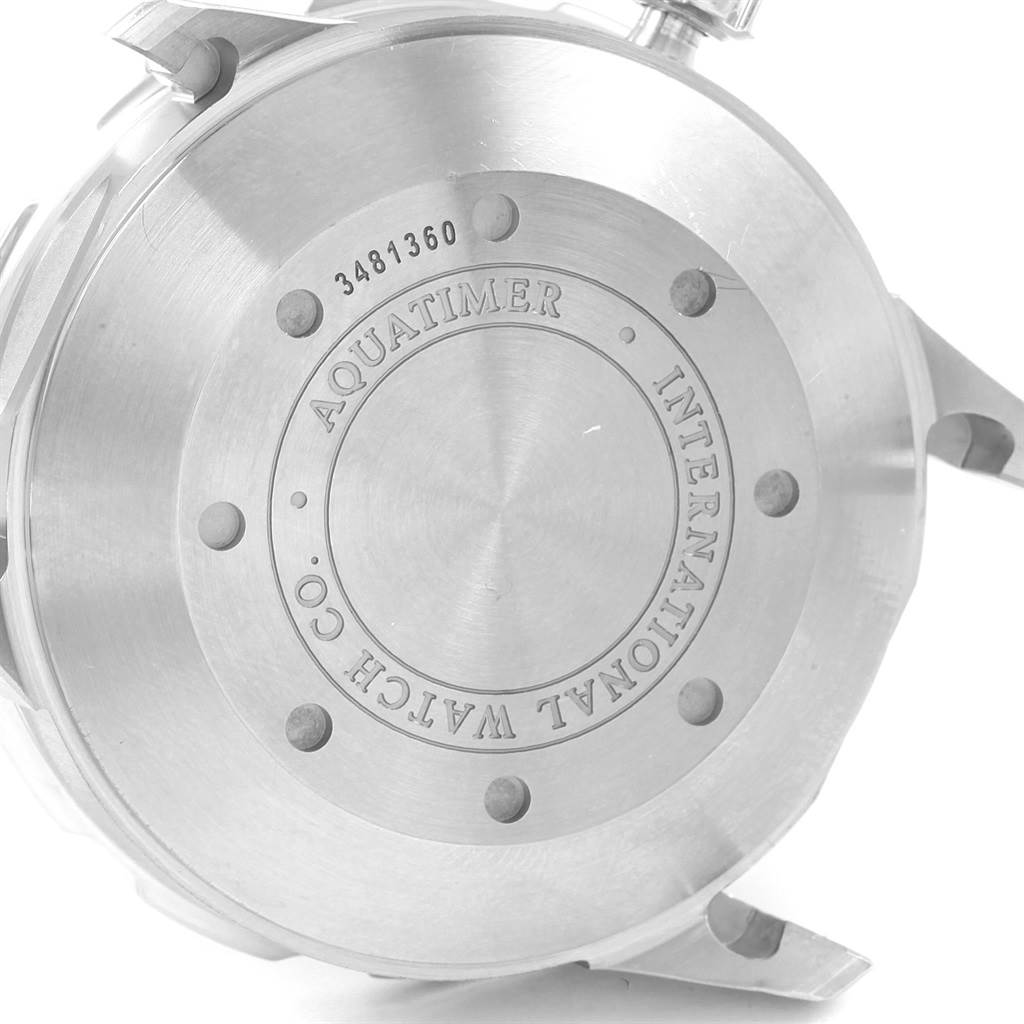 The image shows the back case of an IWC Aquatimer IW356805 Men's Stainless Steel White Dial IW356805 Men's Stainless Steel White Dial watch with engravings and serial number.