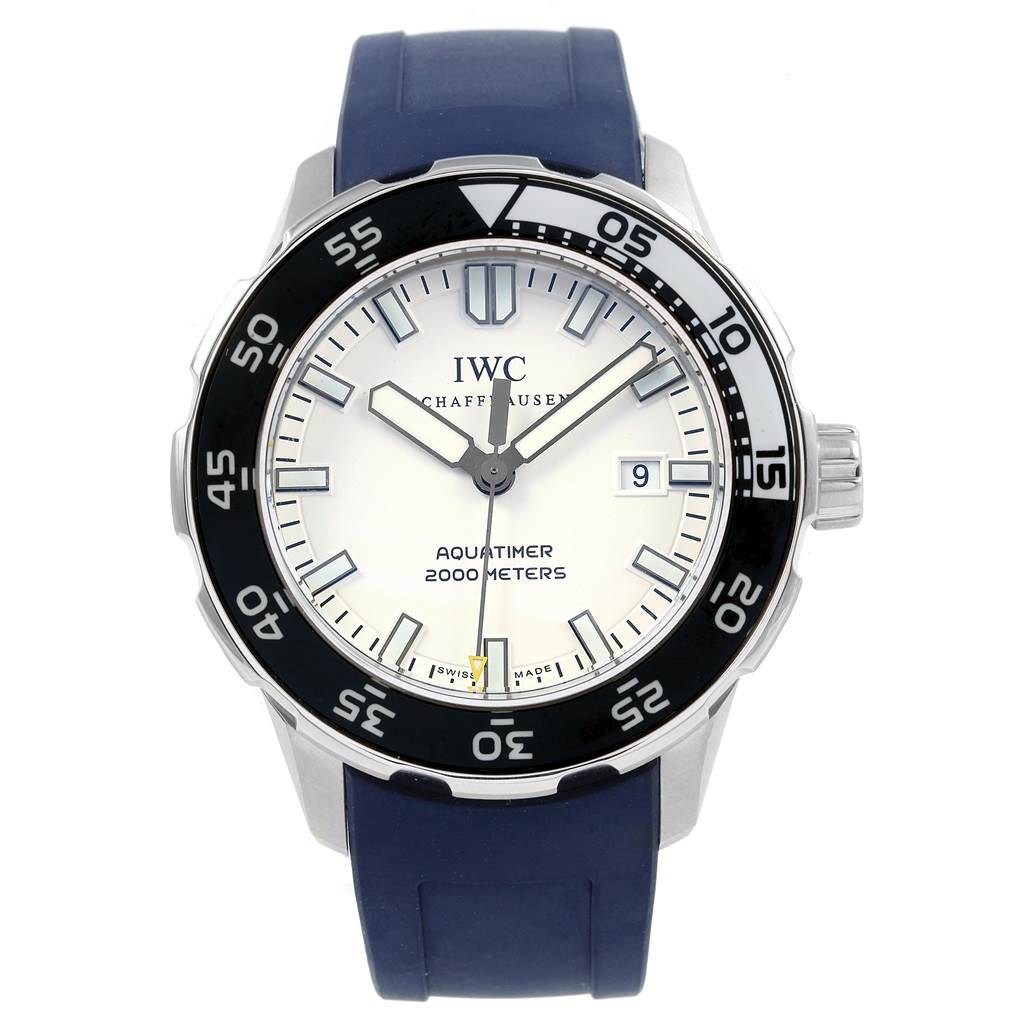 This image shows a front view of the IWC Aquatimer IW356805 Men's Stainless Steel White Dial IW356805 Men's Stainless Steel White Dial watch, displaying the dial, bezel, and blue strap.