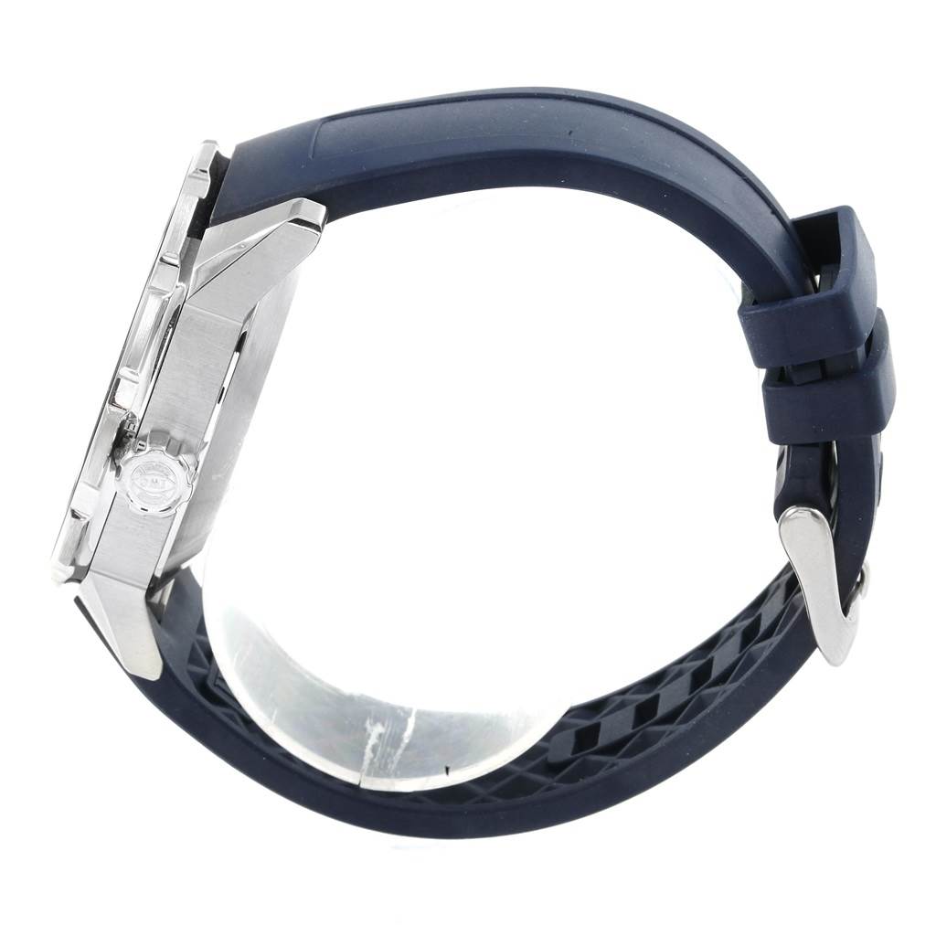 The image shows a side profile of the IWC Aquatimer IW356805 Men's Stainless Steel White Dial IW356805 Men's Stainless Steel White Dial watch, highlighting its blue strap, metal case, and buckle.